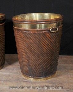 Giant Victorian Peat Bucket Planter Pot Mahogany Brass