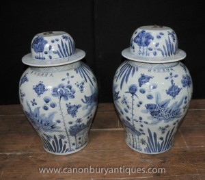 Pair Chinese Kangxi Porcelain Blue White Ginger Urns Vases