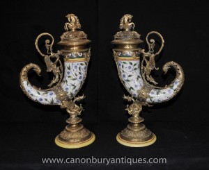 Pair French Porcelain Cornucopia Vases Horn of Plenty Ormolu Dragon