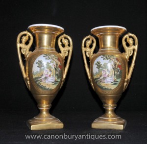 Pair French Porcelain JP Jacob Petit Floral Urns Vases Limoges