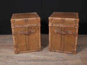 Pair Vintage Steamer Trunk Luggage Boxes Side Tables English Leather Trunks
