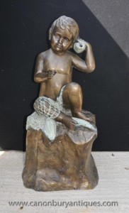 French Bronze Cherub Fountain Statue Conch Putti Cherubim