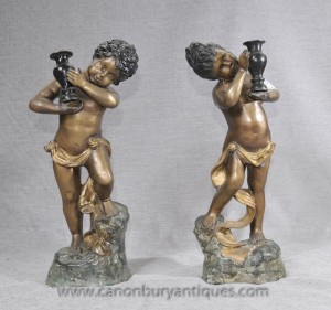 Pair French Bronze Cherub Statues Cherubim Putti