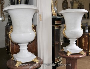 Pair French Empire Carrera Marble Campana Urns Planters