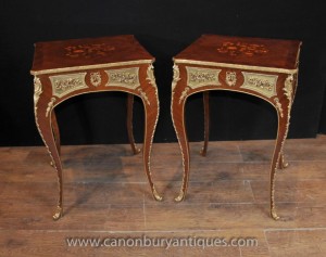 Pair French Empire Cocktail Side Tables Marquetry Inlay