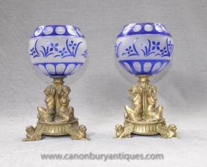 Pair French Empire Ormolu Maiden Vases Urns Cut Glass Bowl Comport