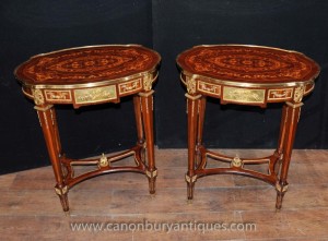 Pair French Empire Oval Side Tables Marquetry Inlay