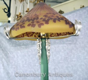 Art Nouveau Silver Bronze Galle Mushroom Table Lamp Glass Shade