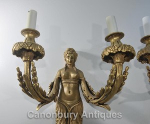 Pair Antique French Late Empire Maiden Sconces Wall Lights Candelabras