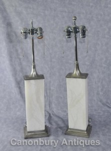 Pair Art Deco Bronze and Alabaster Table Lamps Lights