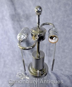 Pair Art Deco Glass Silver Plate Table Lamps Lights