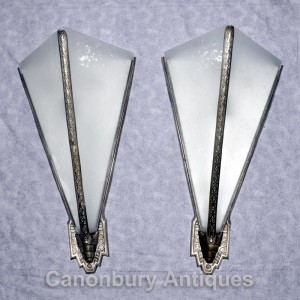 Pair Art Deco Theatre Sconces Wall Lights Triangle Appliques