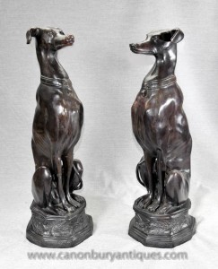 Pair Bronze Art Deco Greyhound Dogs Grey Hounds Statue