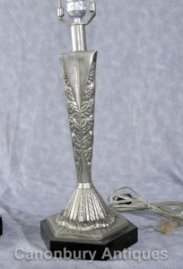 Pair French Art Deco Table Lamps Silver Bronze