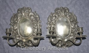 Pair French Louis XVI Silver Plate Rococo Sconces Wall Lights