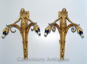 Pair Ormolu Empire Maiden Wall Lights Appliques Sconces Candelabras