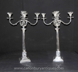 Pair Victorian Silver Plate Doric Candelabras Candles
