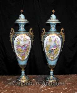 Pair Elegant Sevres Porcelain Cyan Vases Amphora Urns