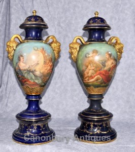 Pair German Dresden Porcelain Cherub Vases Urns Satry Handles