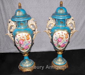 Pair XL Dresden Porcelain Floral Urns Vases Cyan Blue