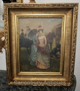 Victorian Oil Painting Ladies at the Races Portrait Gilt Frame