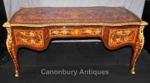 French Louis XVI Bureau Plat Desk Writing Table Marquetry Inlay