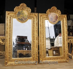 Pair Big French Gilt Pier Mirrors Painted Plaques Rococo