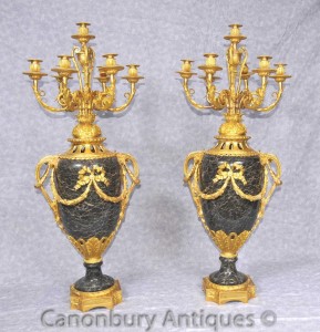 Pair Big Louis XVI Marble Urns Candelabras Gilt Ormolu Candles French