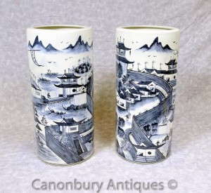 Pair Blue and White Ming Porcelain Umbrella Stands Urns Vases Chinese