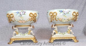 Pair Dresden Porcelain Cherub Comports Bowls Tureens Encrusted