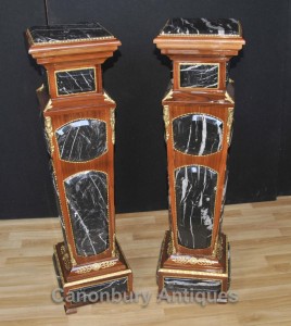 Pair French Empire Marble Pedestal Stands Column Tables