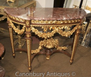 French Louis XVI Gilt Demi Lune Console Table Marble Top