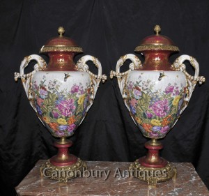 Pair Big Sevres Porcelain Urns Tropical Floral Spray French Vases