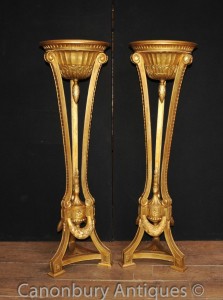 Pair French Empire Gilt Torcheres Pedestal Planter Stands Carved