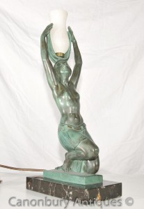 Original French Art Deco Bronze Figurine Table Lamp Signed Fayral Le Verrier