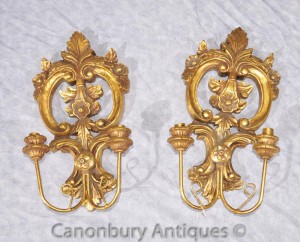 Pair French Rococo Carved Wood Sconces Wall Lights