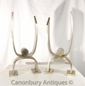Art Deco Silver Bronze Andirons Chenet Decorative Sculpture Deskey-Vollmer