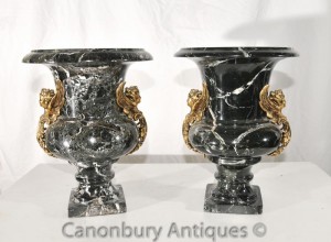 Pair French Empire Black Marble Campana Urns Cherub Handles