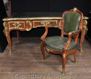 French Antique Empire Partners Desk and Chair Set Writing Table Bureau Plat