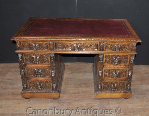 Hand Carved English Antique Oak Knee Hole Desk 1880 Writing Tables