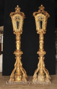 Pair XL Italian Gilt Wood Lamps Architectural Lighting Lantern
