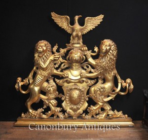 English Gilt Coat of Arms Hand Carved Heraldry Knight Shield Lion