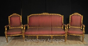 French Empire 3 Piece Suite Sofa Arm Chairs Fauteils Couch
