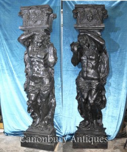 Pair 8 ft Bronze Atlas Male Figurine Statues Architectural Classic