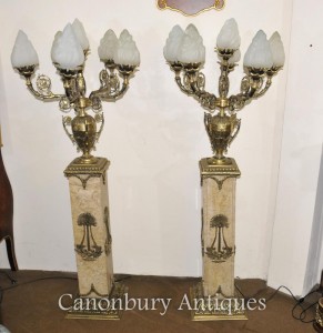 Pair French Empire Marble Pedestal Column Ormolu Candelabras Lights
