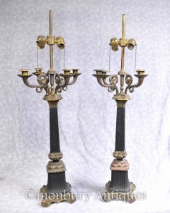 Pair Large French Empire Table Lamps Candelabras Lights