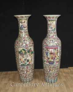Pair Tall Chinese Canton Porcelain Vases Urns Cantonese Hand Painted Ceramic