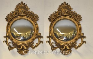 Pair French Rococo Convex Mirrors Girandole Candelabras