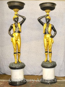 Pair XL Italian Bronze Blackamoor Statues Torcheres Architectural