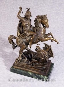 Bronze St George and Dragon Slayer Horse Statue Signed Barye Saint